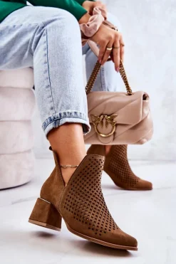 Zamszowe Ażurowe Botki Lewski Shoes 3165 Camel