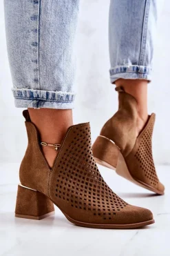 Zamszowe Ażurowe Botki Lewski Shoes 3165 Camel