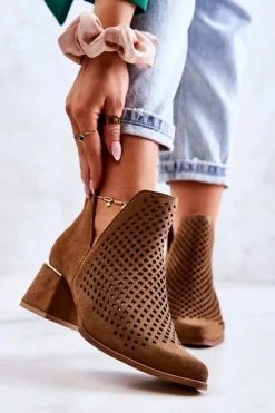 Zamszowe Ażurowe Botki Lewski Shoes 3165 Camel