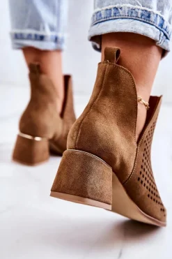 Zamszowe Ażurowe Botki Lewski Shoes 3165 Camel