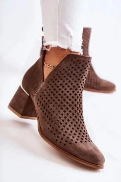 Zamszowe Ażurowe Botki Lewski Shoes 3165 Brązowe