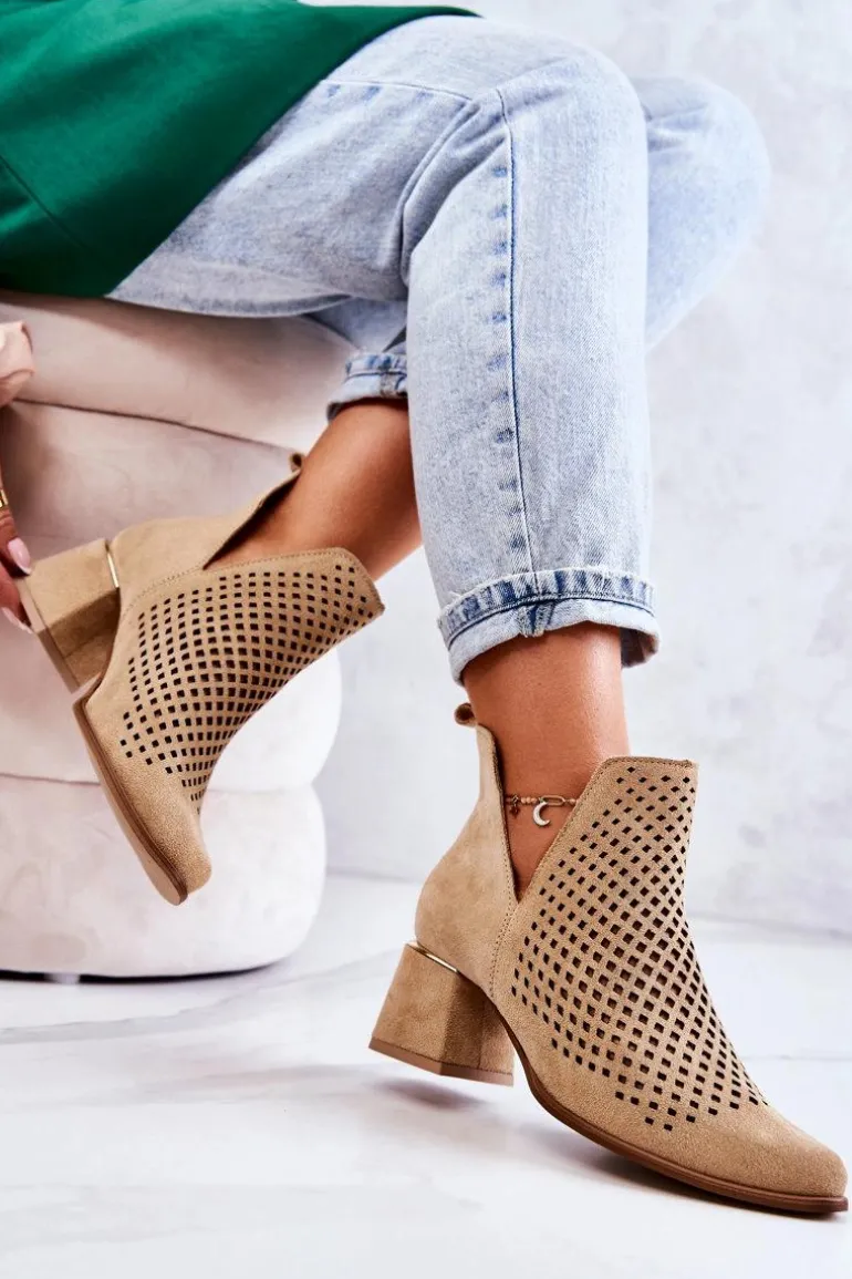 Zamszowe Ażurowe Botki Lewski Shoes 3165 Beżowe