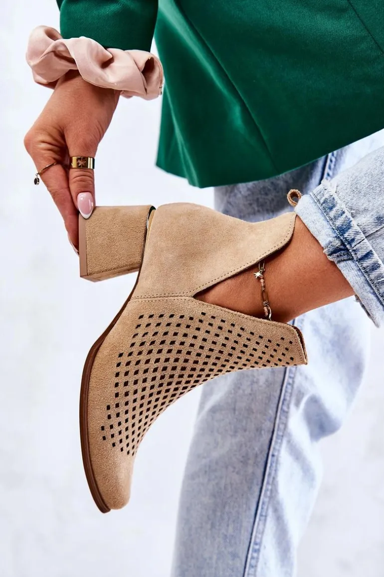 Zamszowe Ażurowe Botki Lewski Shoes 3165 Beżowe