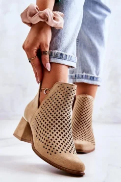 Zamszowe Ażurowe Botki Lewski Shoes 3165 Beżowe