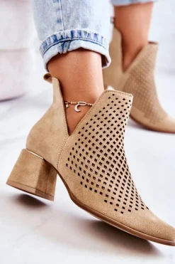 Zamszowe Ażurowe Botki Lewski Shoes 3165 Beżowe