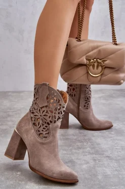 Zamszowe Ażurowe Botki Lewski Shoes 3264 Jasnobrązowe