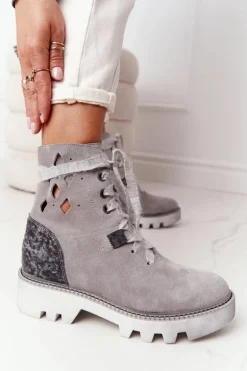 Zamszowe Ażurowe Botki Maciejka Popielate 05033-03