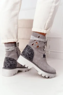 Zamszowe Ażurowe Botki Maciejka Popielate 05033-03