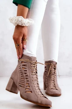 Zamszowe Ażurowe Botki Maciejka 05508-04 Beżowe