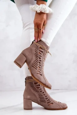 Zamszowe Ażurowe Botki Maciejka 05508-04 Beżowe