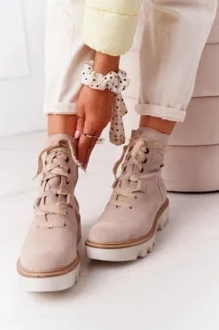 Zamszowe Ażurowe Botki Maciejka Beżowe 05033-04