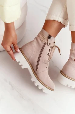Zamszowe Ażurowe Botki Maciejka Beżowe 05033-04