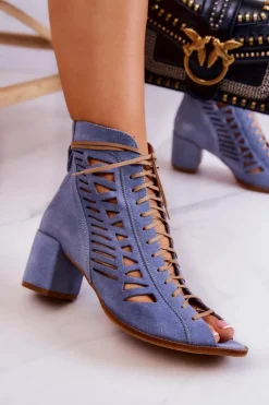 Zamszowe Ażurowe Botki Maciejka 04040-34 Niebieskie