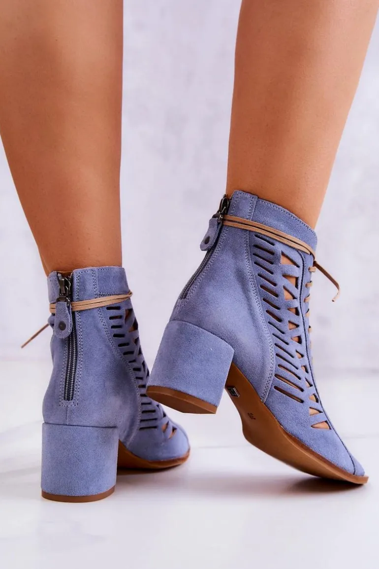 Zamszowe Ażurowe Botki Maciejka 04040-34 Niebieskie