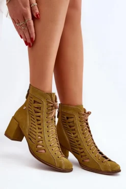 Zamszowe Ażurowe Botki Maciejka 05508-24 Oliwkowe