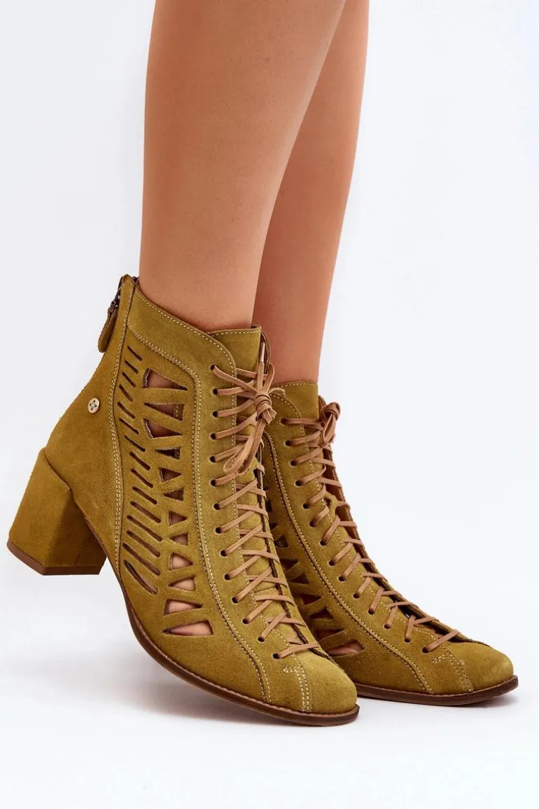 Zamszowe Ażurowe Botki Maciejka 05508-24 Oliwkowe