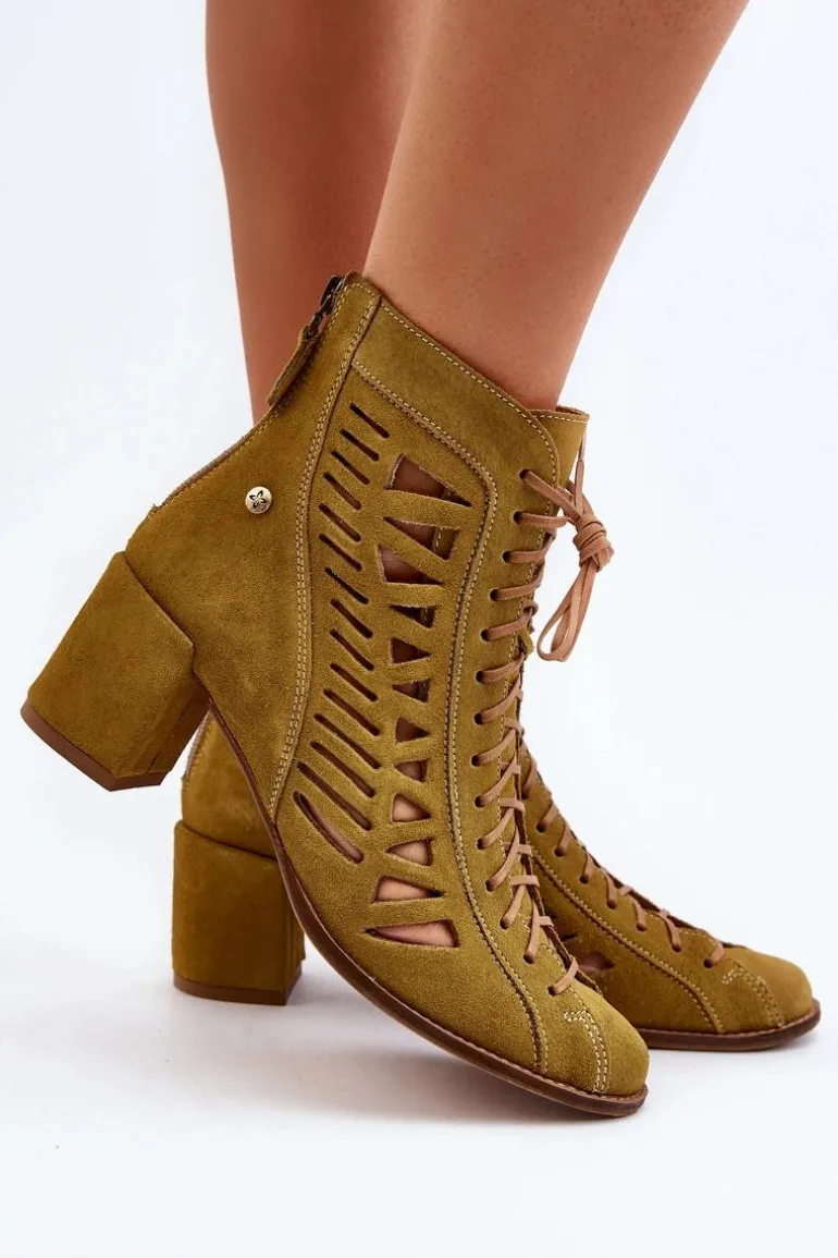 Zamszowe Ażurowe Botki Maciejka 05508-24 Oliwkowe