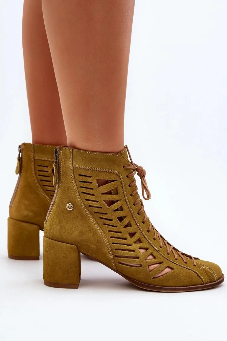 Zamszowe Ażurowe Botki Maciejka 05508-24 Oliwkowe
