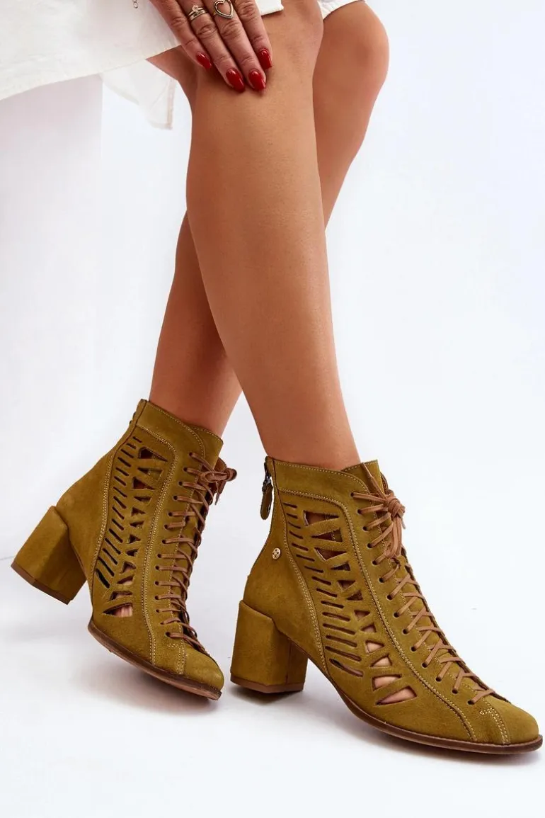 Zamszowe Ażurowe Botki Maciejka 05508-24 Oliwkowe