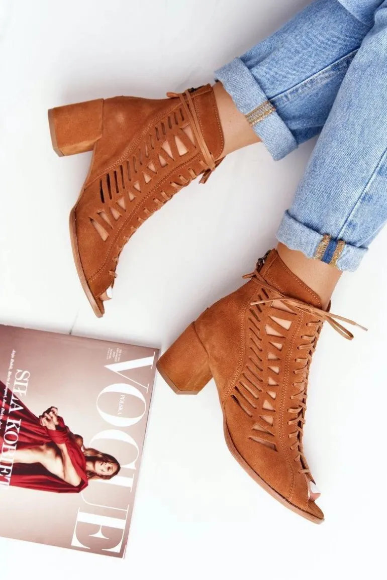 Zamszowe Ażurowe Botki Maciejka Rude 04040-29