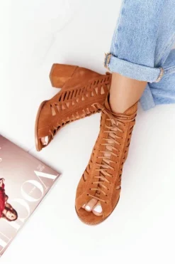 Zamszowe Ażurowe Botki Maciejka Rude 04040-29