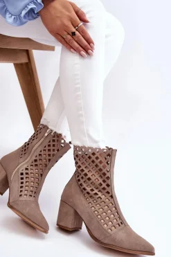 Zamszowe Ażurowe Botki Na Obcasie Nicole 2638 Cappuccino