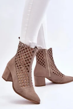 Zamszowe Ażurowe Botki Na Obcasie Nicole 2638 Cappuccino