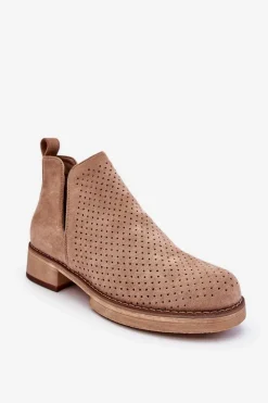 Zamszowe Ażurowe Botki Na Płaskim Obcasie Ciemnobeżowe Angie