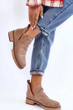 Zamszowe Ażurowe Botki Na Płaskim Obcasie Ciemnobeżowe Angie