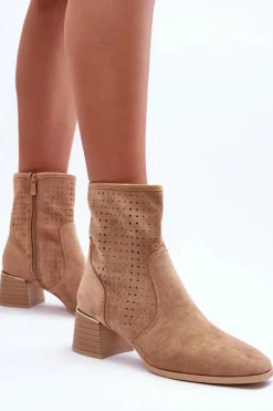 Zamszowe Ażurowe Botki Na Obcasie Ciemnobeżowe Perale