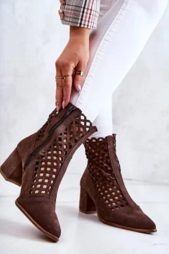 Zamszowe Ażurowe Botki Na Obcasie Nicole 2638 Ciemnobrązowe