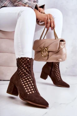 Zamszowe Ażurowe Botki Na Obcasie Nicole 2638 Ciemnobrązowe