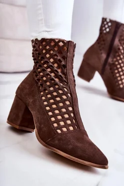 Zamszowe Ażurowe Botki Na Obcasie Nicole 2638 Ciemnobrązowe