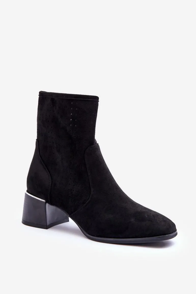 Zamszowe Ażurowe Botki Na Obcasie Czarne Perale