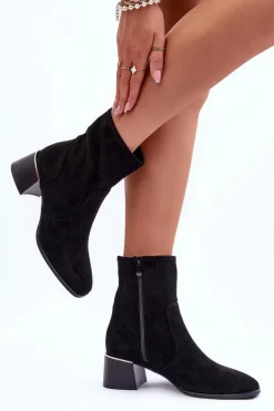 Zamszowe Ażurowe Botki Na Obcasie Czarne Perale