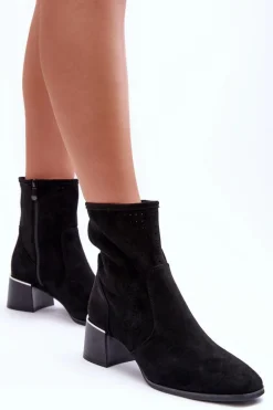 Zamszowe Ażurowe Botki Na Obcasie Czarne Perale