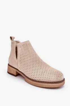 Zamszowe Ażurowe Botki Na Płaskim Obcasie Beżowe Angie