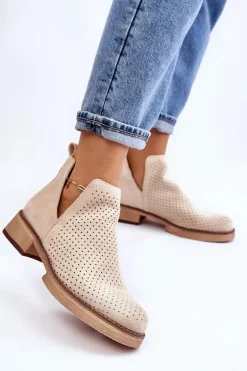 Zamszowe Ażurowe Botki Na Płaskim Obcasie Beżowe Angie