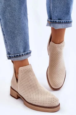 Zamszowe Ażurowe Botki Na Płaskim Obcasie Beżowe Angie