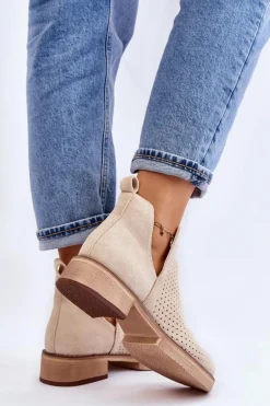 Zamszowe Ażurowe Botki Na Płaskim Obcasie Beżowe Angie