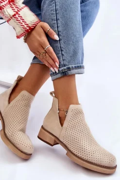 Zamszowe Ażurowe Botki Na Płaskim Obcasie Beżowe Angie