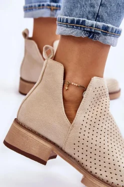 Zamszowe Ażurowe Botki Na Płaskim Obcasie Beżowe Angie