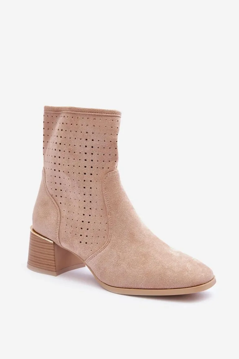 Zamszowe Ażurowe Botki Na Obcasie Beżowe Perale