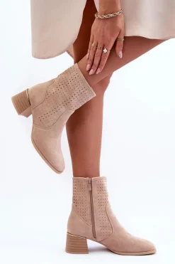 Zamszowe Ażurowe Botki Na Obcasie Beżowe Perale