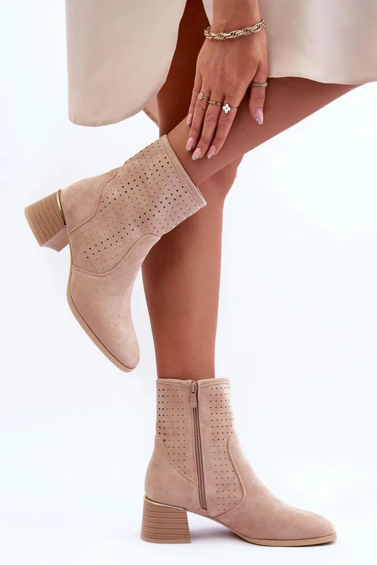 Zamszowe Ażurowe Botki Na Obcasie Beżowe Perale