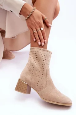 Zamszowe Ażurowe Botki Na Obcasie Beżowe Perale