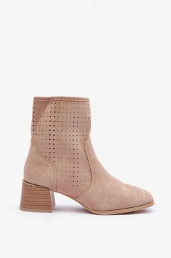 Zamszowe Ażurowe Botki Na Obcasie Beżowe Perale