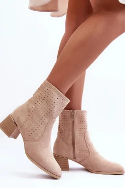 Zamszowe Ażurowe Botki Na Obcasie Beżowe Perale