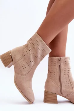 Zamszowe Ażurowe Botki Na Obcasie Beżowe Perale