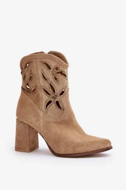 Zamszowe Ażurowe Botki Na Słupku Lewski 3629 Beżowe